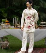 Ivory printed linen kurta jacket set