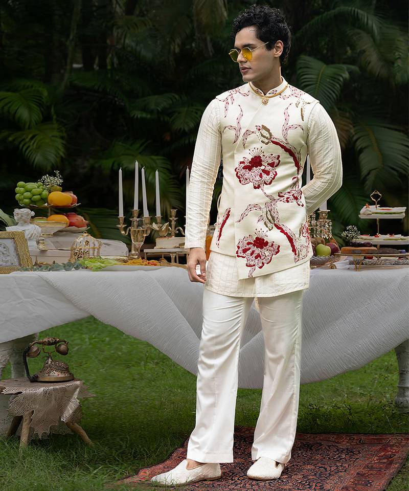 Ivory printed linen kurta jacket set