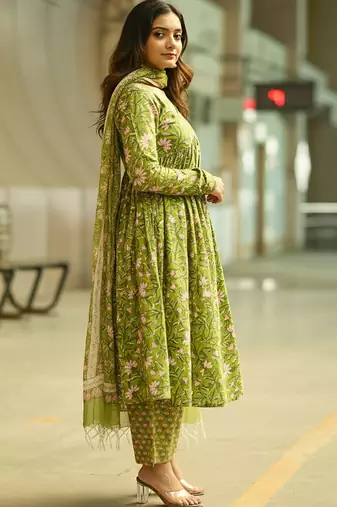 Parrot green rayon printed designer kurta set with dupatta