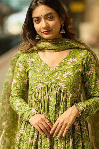 Parrot green rayon printed designer kurta set with dupatta