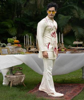 Ivory printed linen kurta jacket set 2