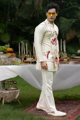 Ivory printed linen kurta jacket set