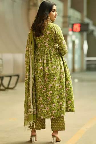 Parrot green rayon printed designer kurta set with dupatta