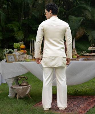 Ivory printed linen kurta jacket set 3