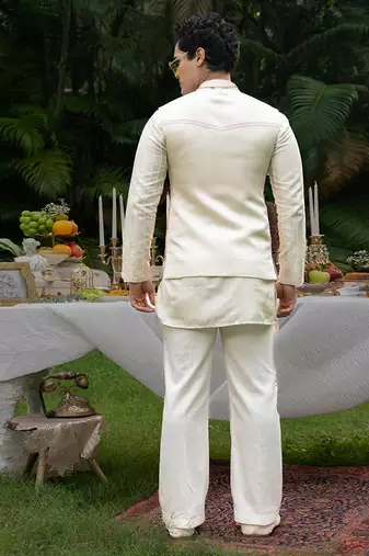 Ivory printed linen kurta jacket set