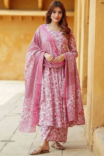 Baby pink rayon printed designer kurta set with dupatta