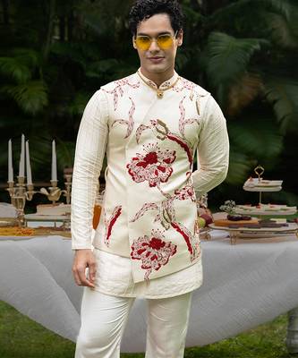 Ivory printed linen kurta jacket set 4
