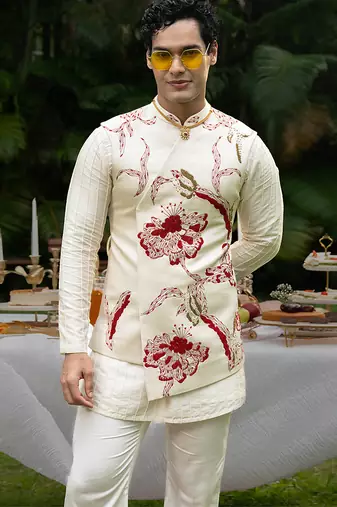 Ivory printed linen kurta jacket set