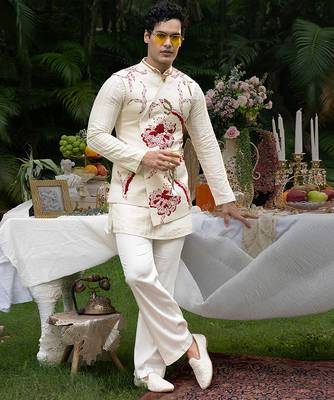 Ivory printed linen kurta jacket set 5