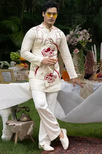 Ivory printed linen kurta jacket set