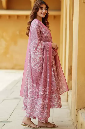 Baby pink rayon printed designer kurta set with dupatta