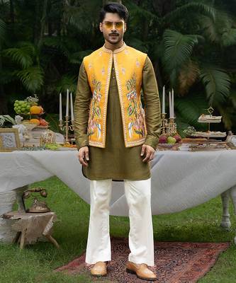 Mustard embroidered linen kurta jacket set 1