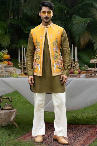 Mustard embroidered linen kurta jacket set