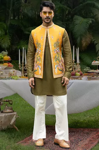 Mustard embroidered linen kurta jacket set