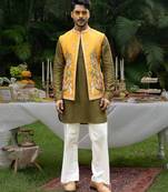 Mustard embroidered linen kurta jacket set