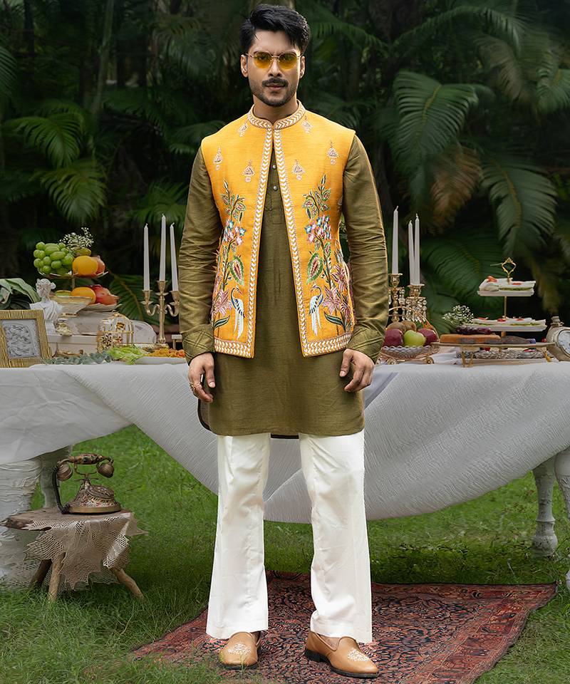 Mustard embroidered linen kurta jacket set