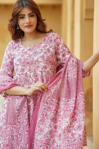 Baby pink rayon printed designer kurta set with dupatta