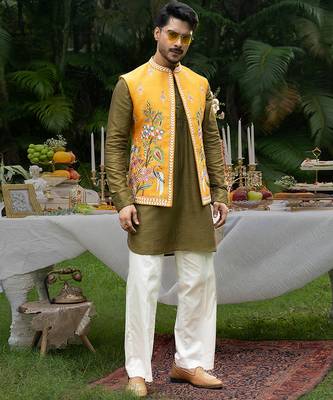 Mustard embroidered linen kurta jacket set 2
