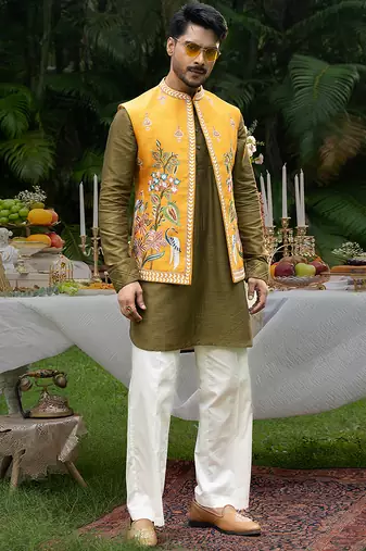 Mustard embroidered linen kurta jacket set