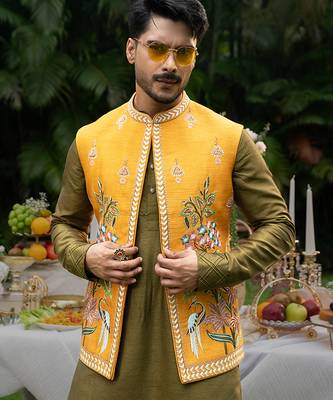 Mustard embroidered linen kurta jacket set 3