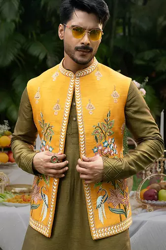Mustard embroidered linen kurta jacket set