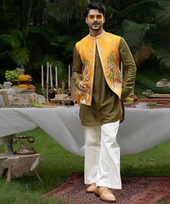 Mustard embroidered linen kurta jacket set 4