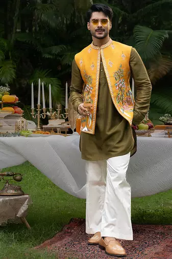 Mustard embroidered linen kurta jacket set