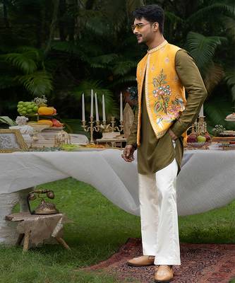 Mustard embroidered linen kurta jacket set 5