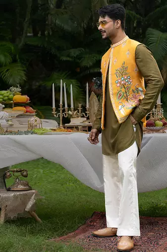 Mustard embroidered linen kurta jacket set