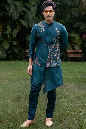 Teal blue embroidered silk kurta jacket set