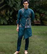 Teal blue embroidered silk kurta jacket set