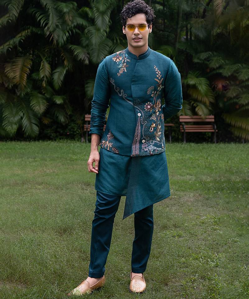Teal blue embroidered silk kurta jacket set
