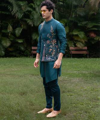 Teal blue embroidered silk kurta jacket set 2