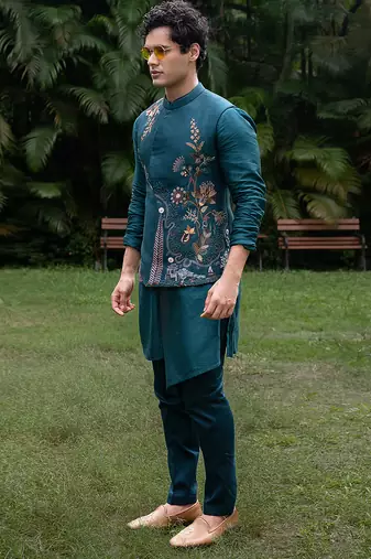 Teal blue embroidered silk kurta jacket set