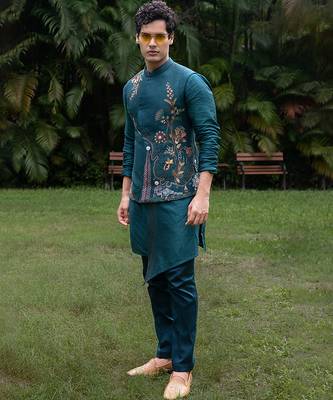 Teal blue embroidered silk kurta jacket set 3