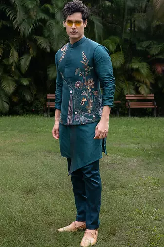 Teal blue embroidered silk kurta jacket set