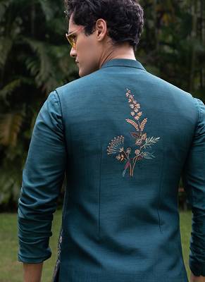Teal blue embroidered silk kurta jacket set 4