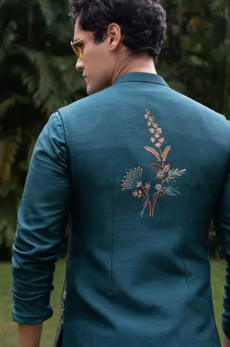 Teal blue embroidered silk kurta jacket set