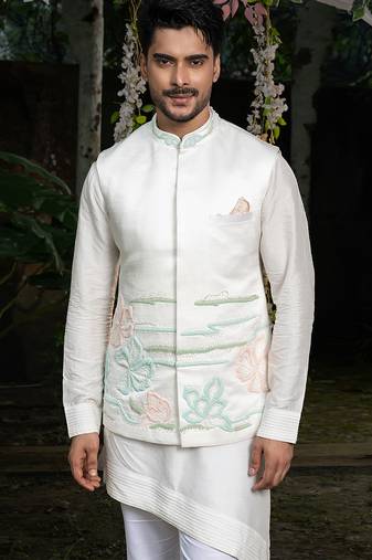 Ivory embroidered linen nehru jacket set