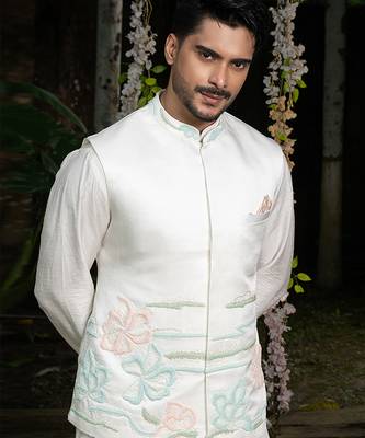 Ivory embroidered linen nehru jacket set 2