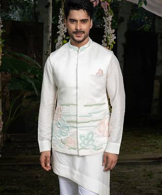 Ivory embroidered linen nehru jacket 1