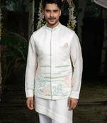 Ivory embroidered linen nehru jacket