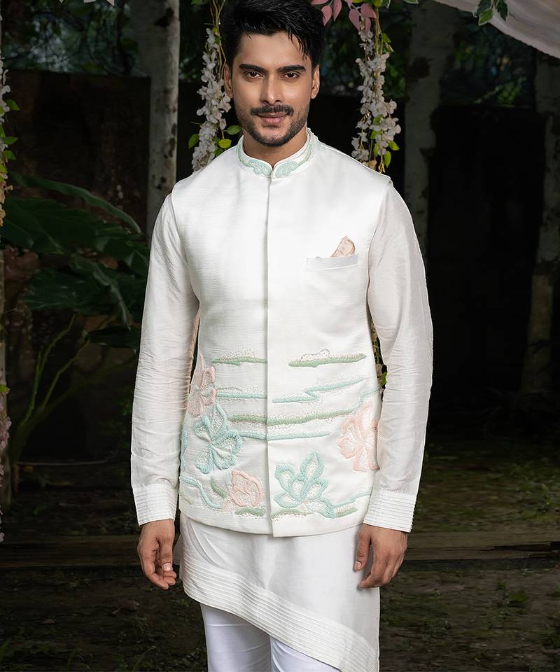 Ivory embroidered linen nehru jacket