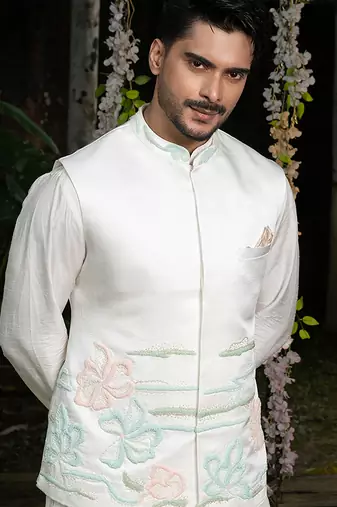 Ivory embroidered linen nehru jacket