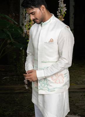 Ivory embroidered linen nehru jacket 3