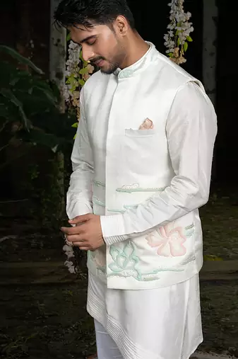 Ivory embroidered linen nehru jacket