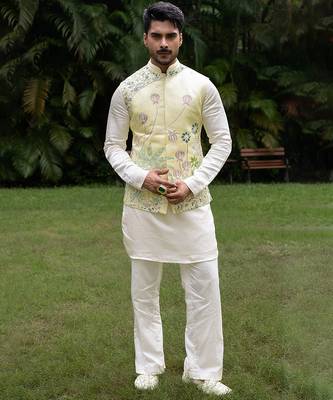 Mint green embroidered linen kurta jacket set 1