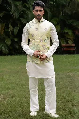 Mint green embroidered linen kurta jacket set