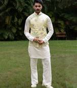 Mint green embroidered linen kurta jacket set