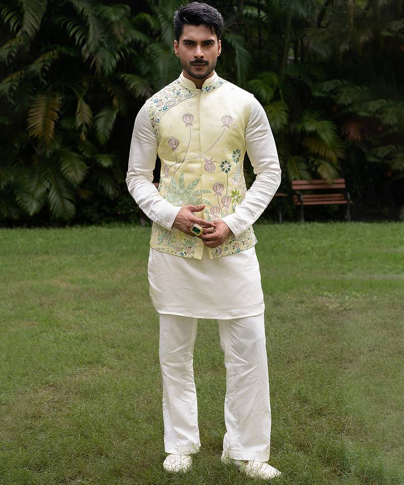 Mint green embroidered linen kurta jacket set